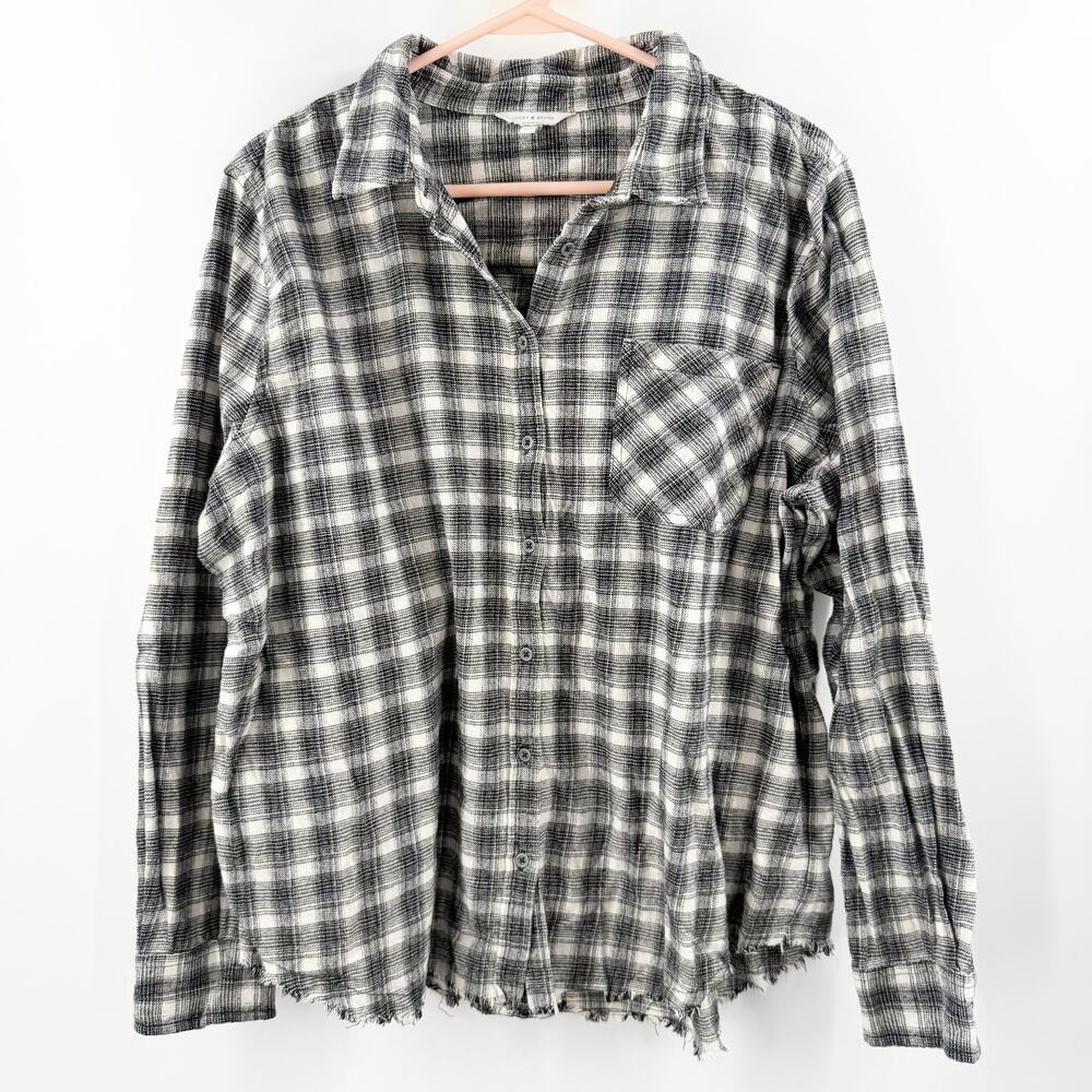 Lucky Brand Shirt Size Large Flannel Button Down Plaid Fringe Black White Top